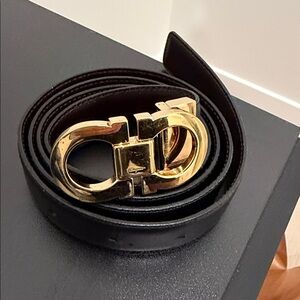 Salvatore Ferragamo Black Leather Belt with Gold Buckle